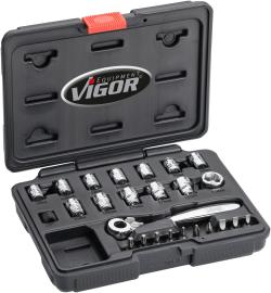 VIGOR Steckschlüssel Satz ∙ superflach ∙ V5202 ∙ 1/4 Zoll (6,3 mm) Vierkant hohl ∙ Außen Sechskant Profil ∙ 25-teilig ∙ 4&nbsp;–&nbsp;14 ∙ Anzahl Werkzeuge: 25 Produktbild