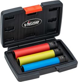 VIGOR Schlagschrauber Steckschlüssel Satz ∙ extra lang ∙ V5933/3 ∙ 1/2 Zoll (12,5 mm) Vierkant hohl ∙ Außen Sechskant Profil ∙ 3-teilig ∙ 17 ∙ 19 ∙ 21 mm ∙ Anzahl Werkzeuge: 3 Produktbild