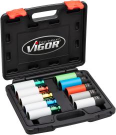 VIGOR Schlagschrauber Steckschlüsseleinsatz Satz ∙ V6312/10 ∙ 1/2 Zoll (12,5 mm) Vierkant hohl ∙ Außen Sechskant Profil, Radschrauben Hybrid Sonderprofil ∙ 10-teilig ∙ 15 – 22,2 mm ∙ Anzahl Werkzeuge: 10 Produktbild