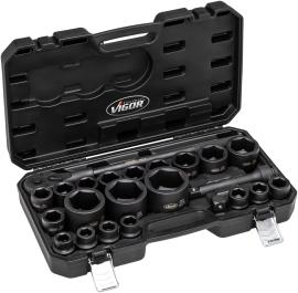 VIGOR Schlagschrauber Steckschlüssel Satz ∙ V6521 ∙ 3/4 Zoll (20 mm) Vierkant hohl, 1 Zoll (25 mm) Vierkant hohl ∙ Außen Sechskant Profil ∙ 24-teilig ∙ 21 – 65 mm ∙ Anzahl Werkzeuge: 24 Produktbild