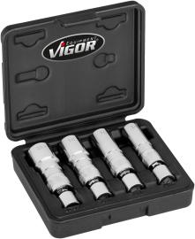VIGOR Zündkerzen Steckschlüssel Satz ∙ V7002/4 ∙ 3/8 Zoll (10 mm) Vierkant hohl ∙ Außen Doppelsechskant Profil ∙ 4-teilig ∙ 14 ∙ 16 ∙ 18 ∙ 20,8 ∙ Anzahl Werkzeuge: 4 Produktbild