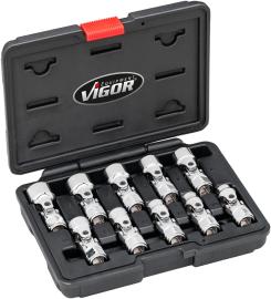 VIGOR Gelenksteckschlüssel Satz ∙ V7513 ∙ 3/8 Zoll (10 mm) Vierkant hohl ∙ Außen Doppelsechskant Profil ∙ 10-teilig ∙ 10 – 19&nbsp;mm ∙ Anzahl Werkzeuge: 10 Produktbild