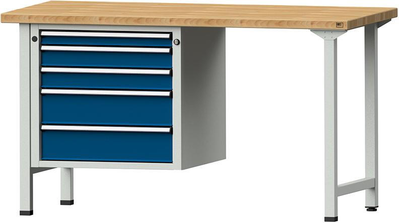 Kombiwerkbank (Serie V) mit Schubladenunterschrank hängend, mit 5 Schubladen (1x60, 2x90, 2x150 mm), lichtgrau/enzianblau Produktbild img1 L