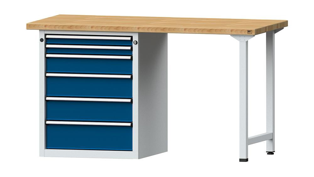 Kombiwerkbank (Serie V) mit Schubladenunterschrank stehend, mit 6 Schubladen (2x60, 1x120, 2x150, 1x180 mm), lichtgrau/enzianblau Produktbild img1 L