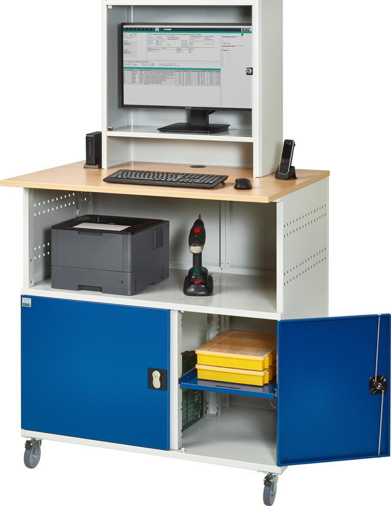 Computer-Tisch B1100xT800xH1810 mm RAL 7035/5010 mobil Gehäuse offen Produktbild img1 L