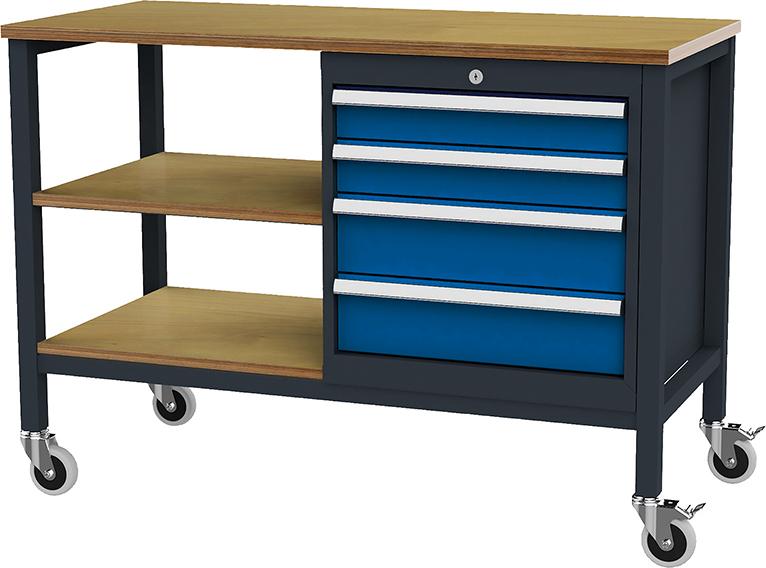 Kastenwerkbank mobil B1300mm 4 Schubladen 2 Böden RAL7016/5010 Produktbild img1 L