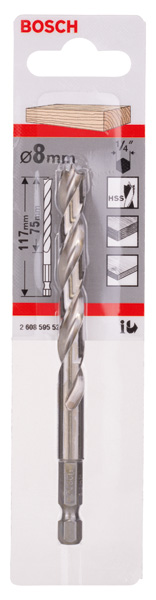 Holzspiralbohrer mit 1/4-Zoll Sechskantschaft, 8 x 75 x 117 mm Produktbild img2 L