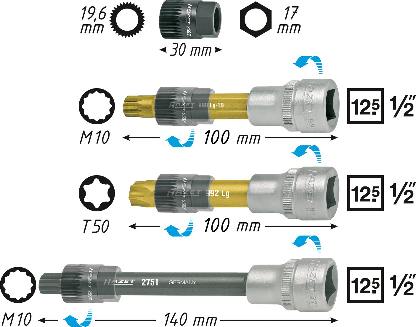 HAZET Keil(rippen)riemenscheibe-Werkzeug 4641/4 ∙ 1/2 Zoll (12,5 mm) Vierkant hohl ∙ Innen Vielzahn Profil XZN, Innen TORX® Profil ∙ 4-teilig Produktbild img2 L