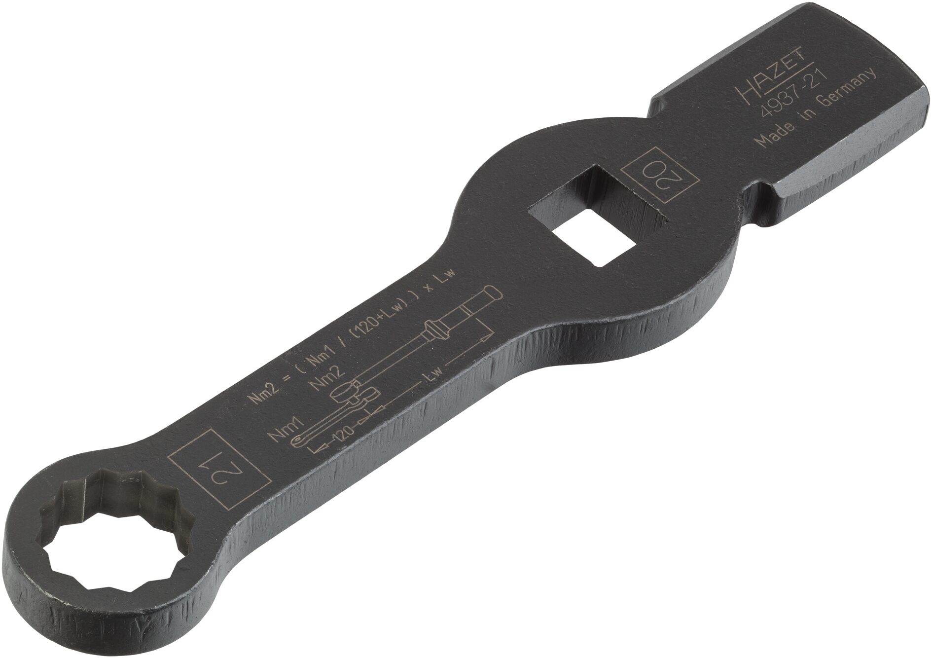 HAZET Schlag-Ringschlüssel ∙ mit 2 Schlagflächen 4937-21 ∙ 3/4 Zoll (20 mm) Vierkant hohl ∙ Außen Doppelsechskant Profil ∙ SW 21 mm Produktbild img3 L