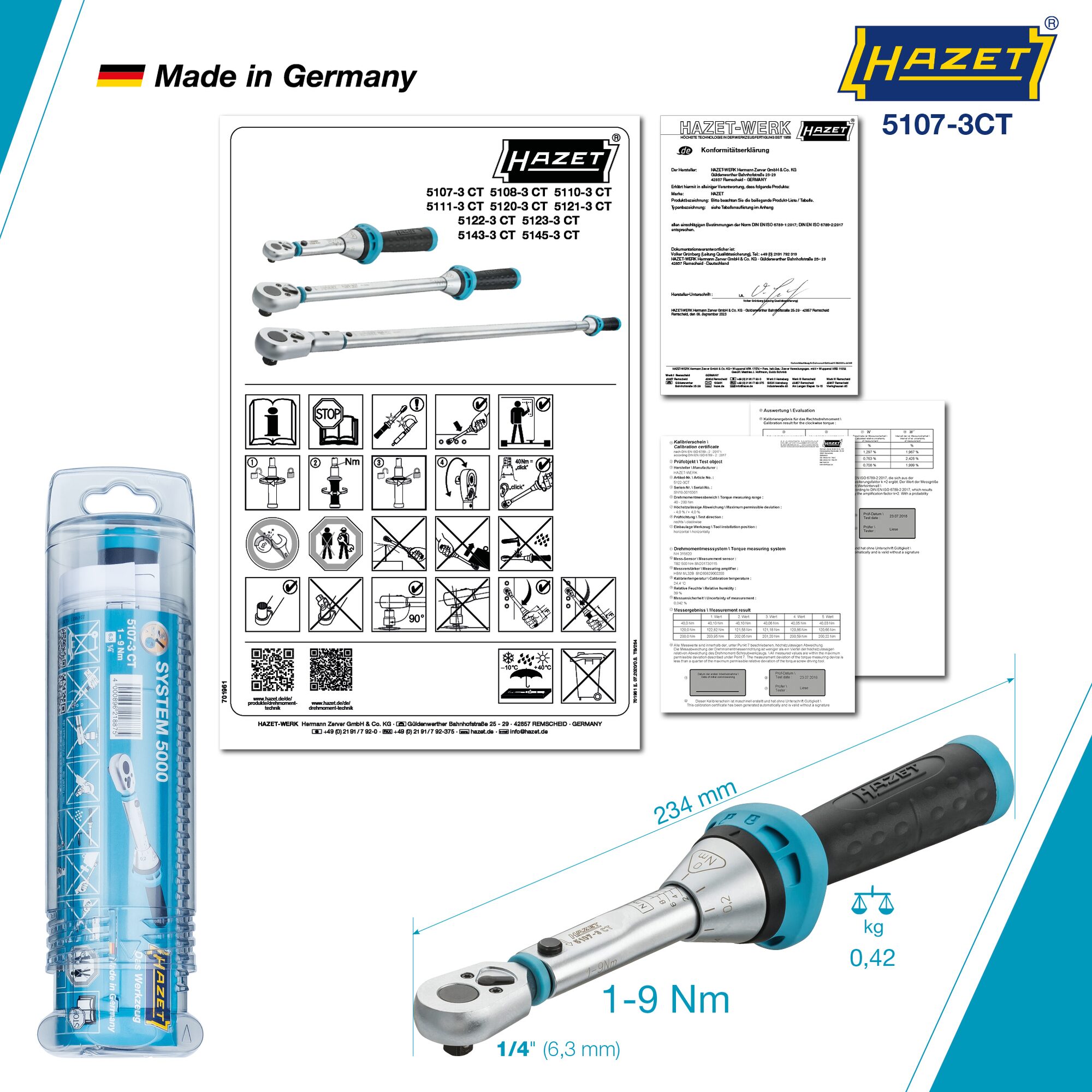 HAZET Drehmomentschlüssel 5107-3CT ∙ Drehmomentbereich min-max: 1 – 9 Nm ∙ Genauigkeit: 4% ∙ 1/4 Zoll (6,3 mm) Vierkant massiv ∙ Länge: 234 mm Produktbild img5 L