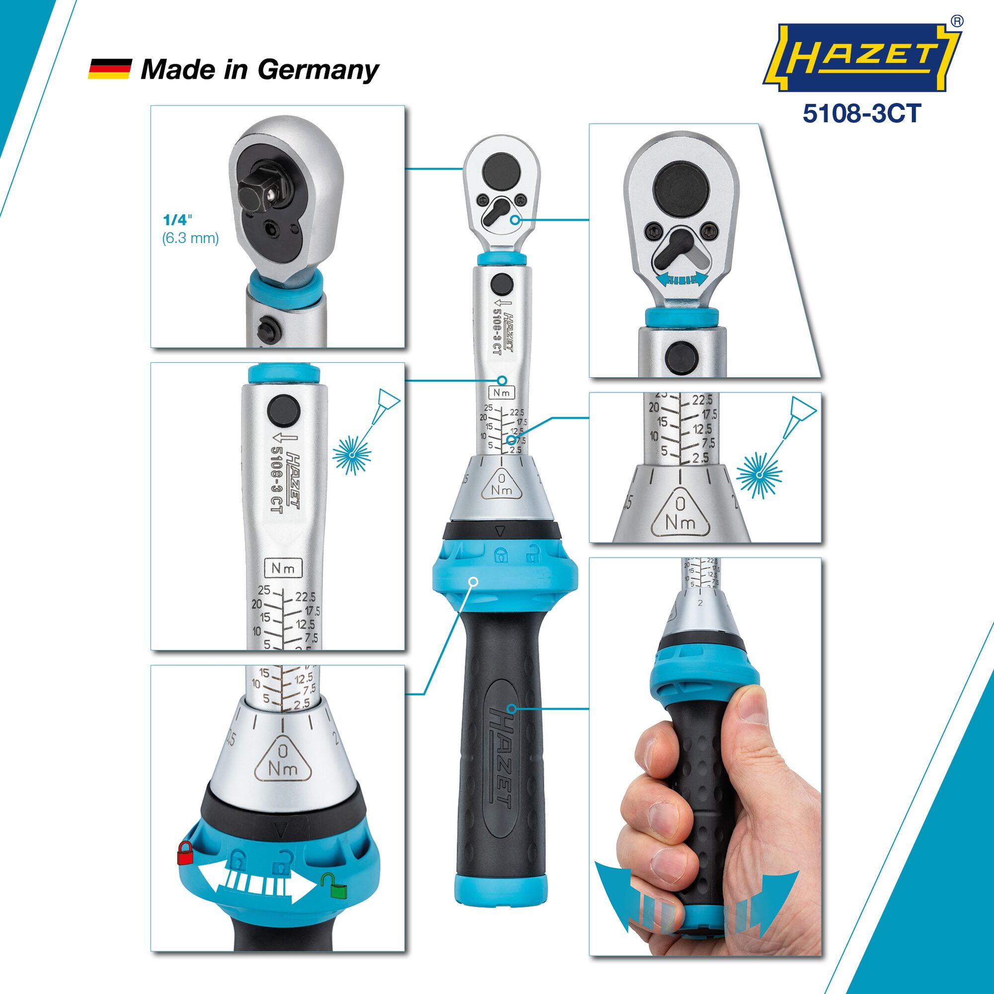 HAZET Drehmomentschlüssel mit DAkkS-Kalibrierschein 5108-3CTCAL ∙ Drehmomentbereich min-max: 2.5 – 25 Nm ∙ Genauigkeit: 3% ∙ 1/4 Zoll (6,3 mm) Vierkant massiv ∙ Länge: 234 mm Produktbild img4 L