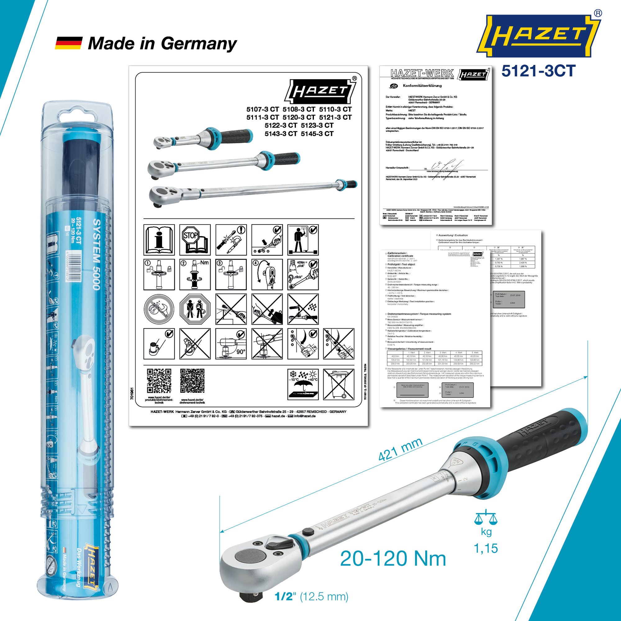 HAZET Drehmomentschlüssel mit DAkkS-Kalibrierschein 5121-3CTCAL ∙ Drehmomentbereich min-max: 20 – 120 Nm ∙ Genauigkeit: 3% ∙ 1/2 Zoll (12,5 mm) Vierkant massiv ∙ Länge: 421 mm Produktbild img5 L