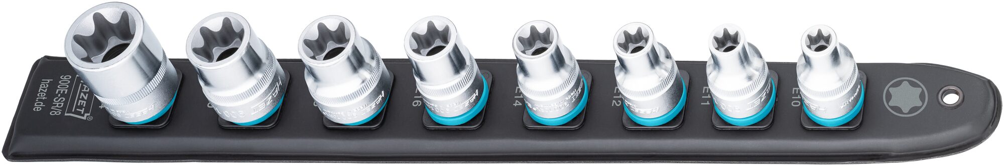 HAZET SmartRail ∙ Flexible Kunststoff-Steckleiste 900E-SR/8 ∙ 1/2 Zoll (12,5 mm) Vierkant hohl ∙ Außen TORX® Profil ∙ 8-teilig ∙ E10 ∙ E11 ∙ E12 ∙ E14 ∙ E16 ∙ E18 ∙ E20 ∙ E24 Produktbild img2 L