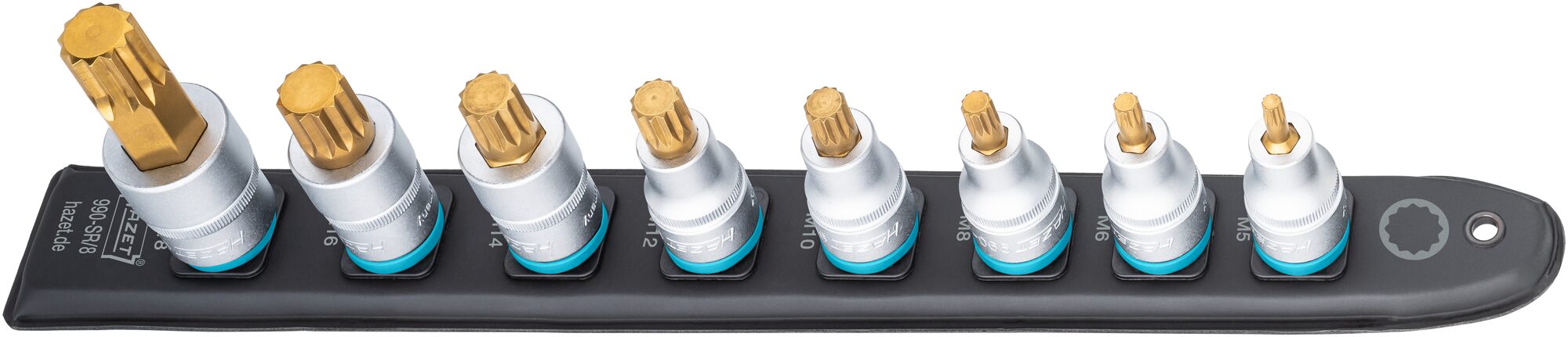 HAZET SmartRail ∙ Flexible Kunststoff-Steckleiste 990-SR/8 ∙ 1/2 Zoll (12,5 mm) Vierkant hohl ∙ Innen Vielzahn Profil XZN ∙ 8-teilig ∙ M5 ∙ M6 ∙ M8 ∙ M10 ∙ M12 ∙ M14 ∙ M16 ∙ M18 Produktbild img3 L