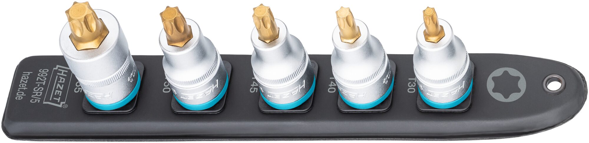 HAZET SmartRail ∙ Flexible Kunststoff-Steckleiste 992T-SR/5 ∙ 1/2 Zoll (12,5 mm) Vierkant hohl ∙ Innen TORX® Profil ∙ 5-teilig ∙ T30 ∙ T40 ∙ T45 ∙ T50 ∙ T55 Produktbild img2 L