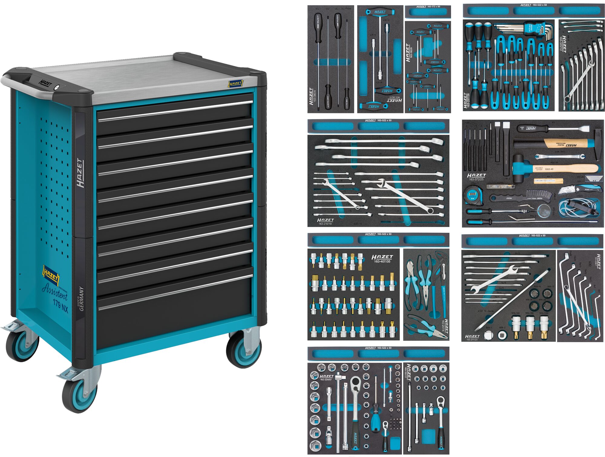 HAZET Werkstattwagen ∙ Assistent 179NX ∙ Sortiment 179NX-8/244 ∙ 244-teilig ∙ Schubladen, flach: 7× 81 x 522 x 398 mm ∙ Schubladen, hoch: 1× 166 x 522 x 398 mm Produktbild img1 L