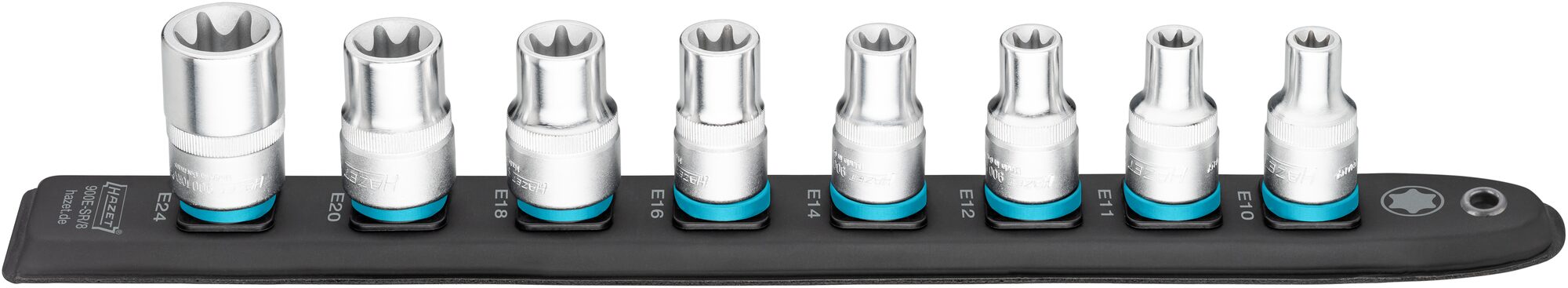 HAZET SmartRail ∙ Flexible Kunststoff-Steckleiste 900E-SR/8 ∙ 1/2 Zoll (12,5 mm) Vierkant hohl ∙ Außen TORX® Profil ∙ 8-teilig ∙ E10 ∙ E11 ∙ E12 ∙ E14 ∙ E16 ∙ E18 ∙ E20 ∙ E24 Produktbild img1 L