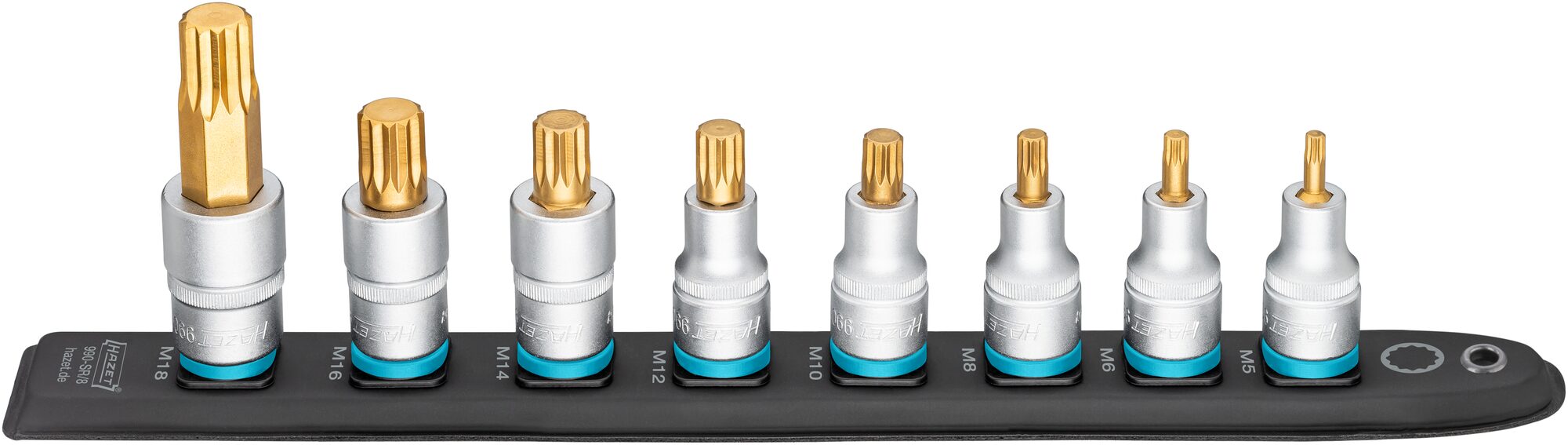 HAZET SmartRail ∙ Flexible Kunststoff-Steckleiste 990-SR/8 ∙ 1/2 Zoll (12,5 mm) Vierkant hohl ∙ Innen Vielzahn Profil XZN ∙ 8-teilig ∙ M5 ∙ M6 ∙ M8 ∙ M10 ∙ M12 ∙ M14 ∙ M16 ∙ M18 Produktbild img1 L
