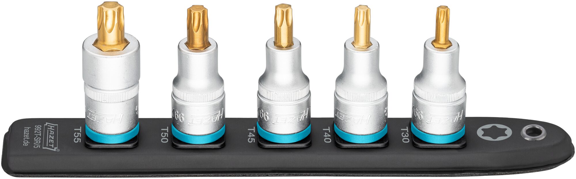 HAZET SmartRail ∙ Flexible Kunststoff-Steckleiste 992T-SR/5 ∙ 1/2 Zoll (12,5 mm) Vierkant hohl ∙ Innen TORX® Profil ∙ 5-teilig ∙ T30 ∙ T40 ∙ T45 ∙ T50 ∙ T55 Produktbild img1 L