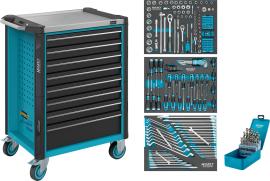 HAZET Werkstattwagen ∙ Assistent 179NX ∙ Sortiment 179NX-8/228 ∙ 228-teilig ∙ Schubladen, flach: 7× 81 x 522 x 398 mm ∙ Schubladen, hoch: 1× 166 x 522 x 398 mm Produktbild