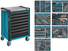 HAZET Werkstattwagen ∙ Assistent 179NX ∙ Sortiment 179NX-8/244 ∙ 244-teilig ∙ Schubladen, flach: 7× 81 x 522 x 398 mm ∙ Schubladen, hoch: 1× 166 x 522 x 398 mm Produktbild