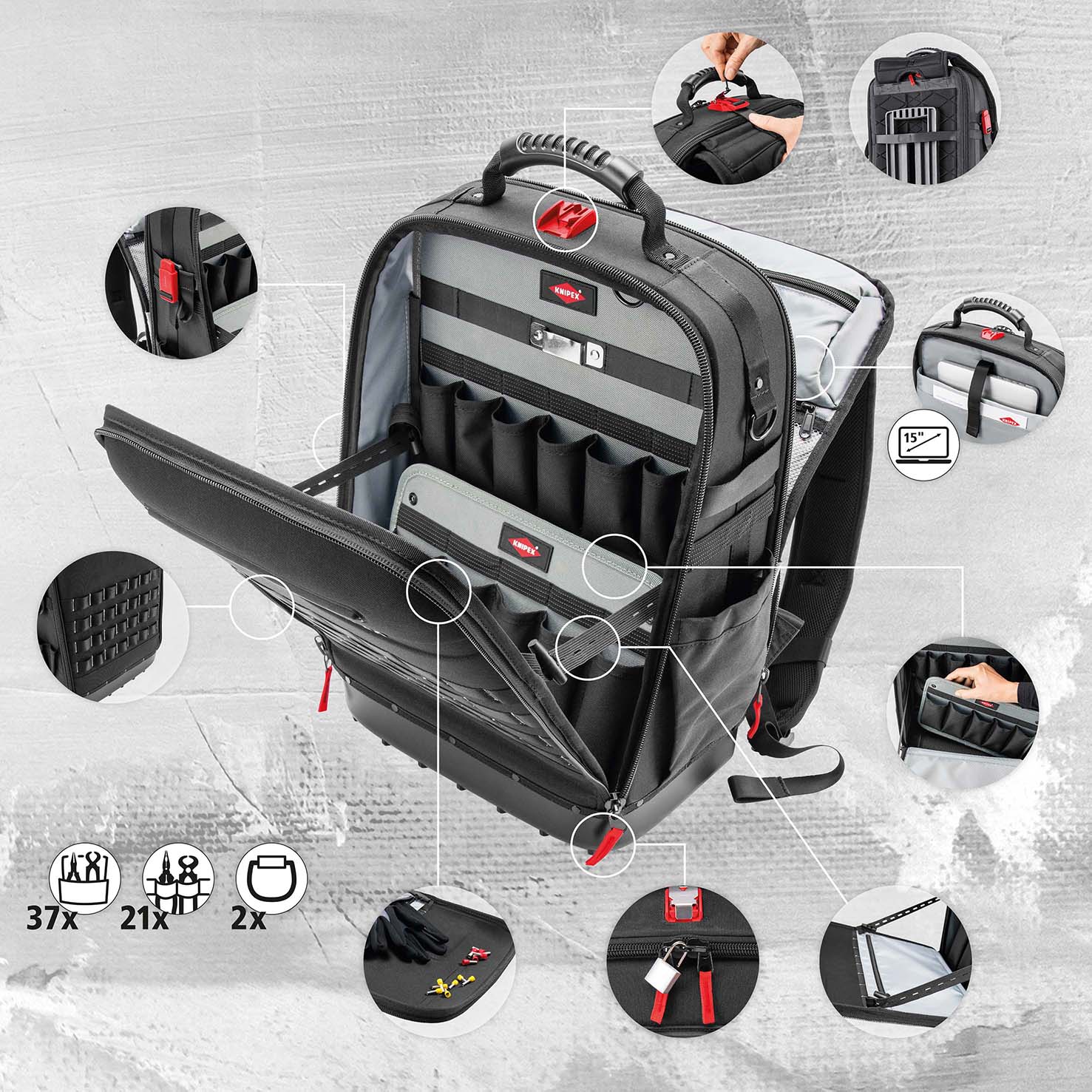 KNIPEX 00 21 50 E Werkzeugrucksack Modular X18 Elektro 22-teilig 530 mm Produktbild img7 L
