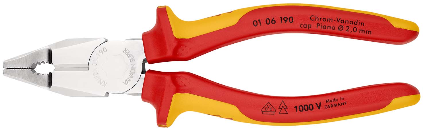 KNIPEX 01 06 190 Kombizange Chrom-Vanadin 190 mm verchromt isoliert mit Mehrkomponenten-Hüllen, VDE-geprüft Produktbild img1 L