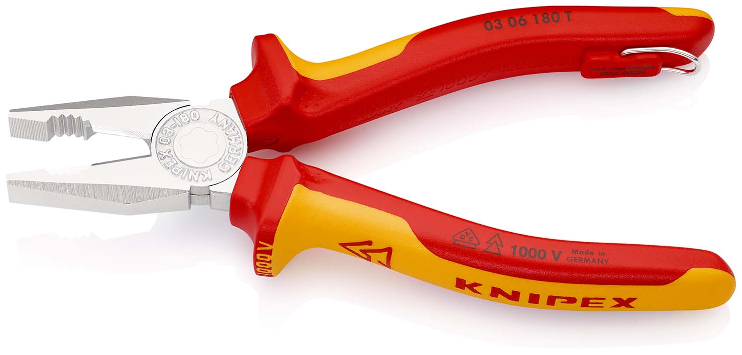 KNIPEX 03 06 180 T Kombizange 180 mm verchromt isoliert mit Mehrkomponenten-Hüllen, VDE-geprüft; mit integrierter isolierter Befestigungsöse zum Anbringen einer Absturzsicherung Produktbild img2 L