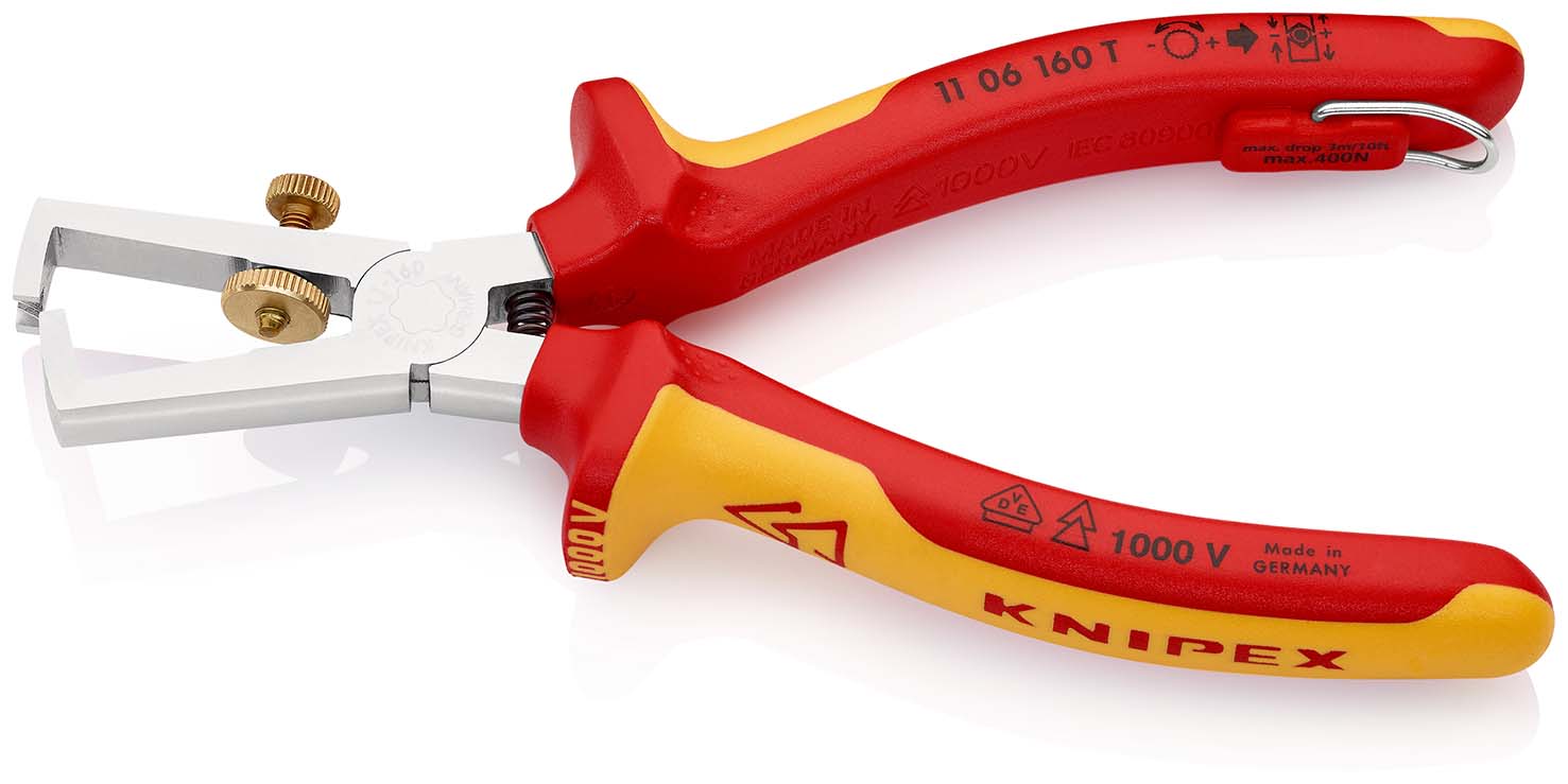 KNIPEX 11 06 160 T Abisolierzange mit Öffnungsfeder, universal 160 mm verchromt isoliert mit Mehrkomponenten-Hüllen, VDE-geprüft; mit integrierter isolierter Befestigungsöse zum Anbringen einer Absturzsicherung Produktbild img2 L