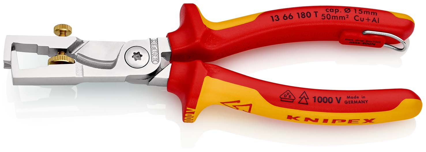 KNIPEX 13 66 180 T StriX® Abisolierzangen mit Kabelschere 180 mm verchromt isoliert mit Mehrkomponenten-Hüllen, VDE-geprüft; mit integrierter isolierter Befestigungsöse zum Anbringen einer Absturzsicherung Produktbild img1 L