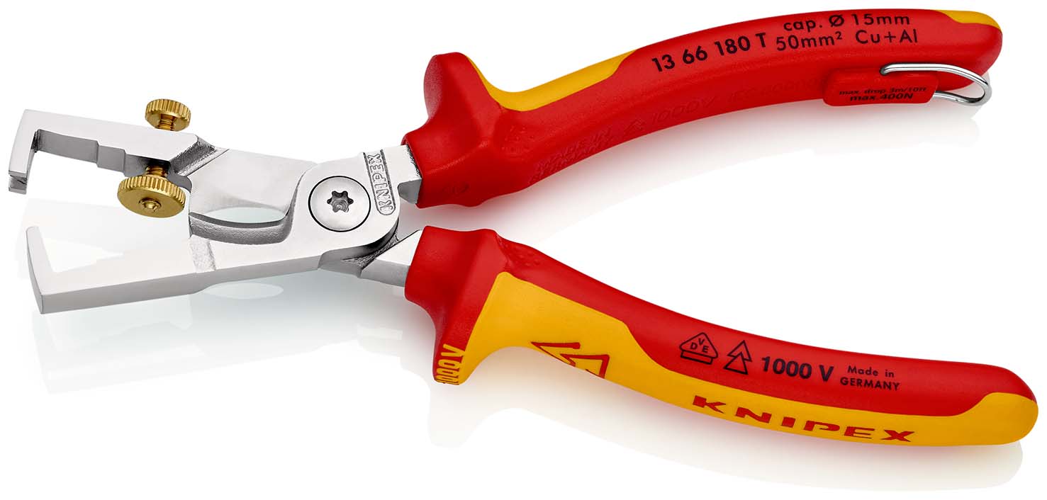 KNIPEX 13 66 180 T StriX® Abisolierzangen mit Kabelschere 180 mm verchromt isoliert mit Mehrkomponenten-Hüllen, VDE-geprüft; mit integrierter isolierter Befestigungsöse zum Anbringen einer Absturzsicherung Produktbild img2 L