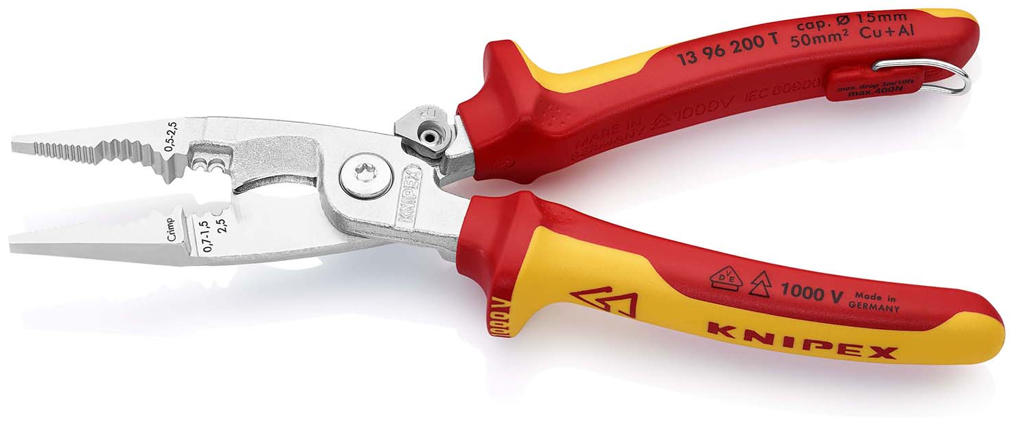 KNIPEX 13 96 200 T Elektro-Installationszange 200 mm verchromt isoliert mit Mehrkomponenten-Hüllen, VDE-geprüft; mit integrierter isolierter Befestigungsöse zum Anbringen einer Absturzsicherung Produktbild img2 L