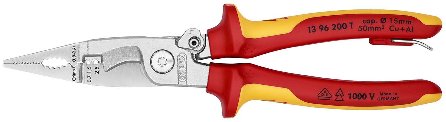 KNIPEX 13 96 200 T Elektro-Installationszange 200 mm verchromt isoliert mit Mehrkomponenten-Hüllen, VDE-geprüft; mit integrierter isolierter Befestigungsöse zum Anbringen einer Absturzsicherung Produktbild img1 L