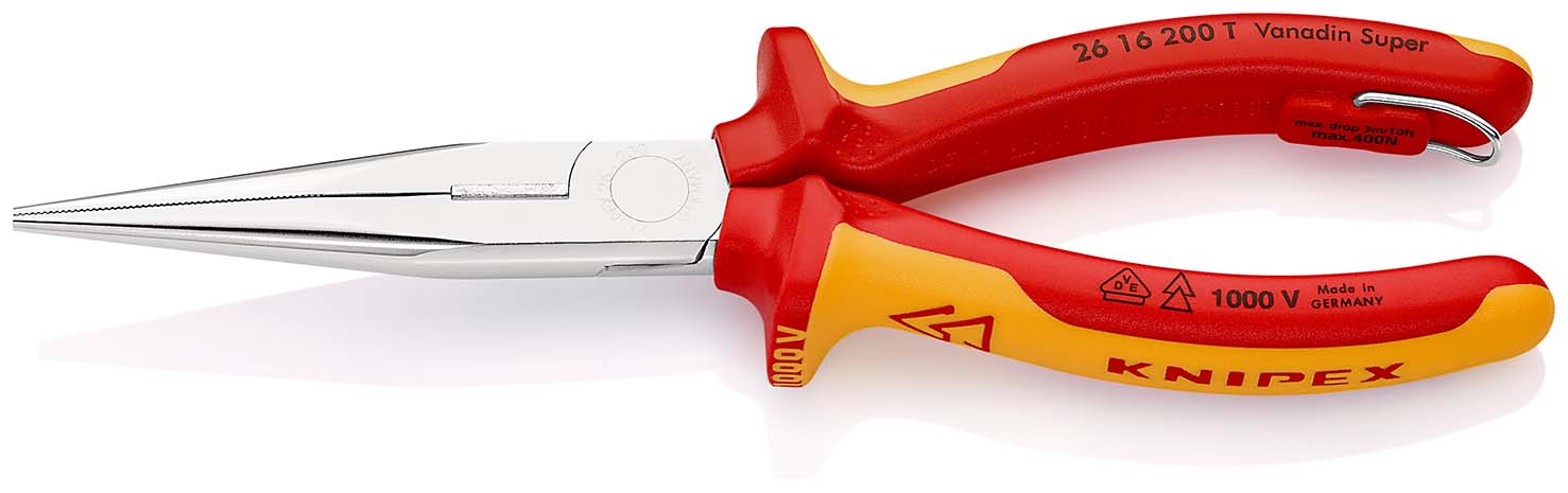 KNIPEX 26 16 200 T Flachrundzange mit Schneide (Storchschnabelzange) 200 mm verchromt isoliert mit Mehrkomponenten-Hüllen, VDE-geprüft; mit integrierter isolierter Befestigungsöse zum Anbringen einer Absturzsicherung Produktbild img1 L