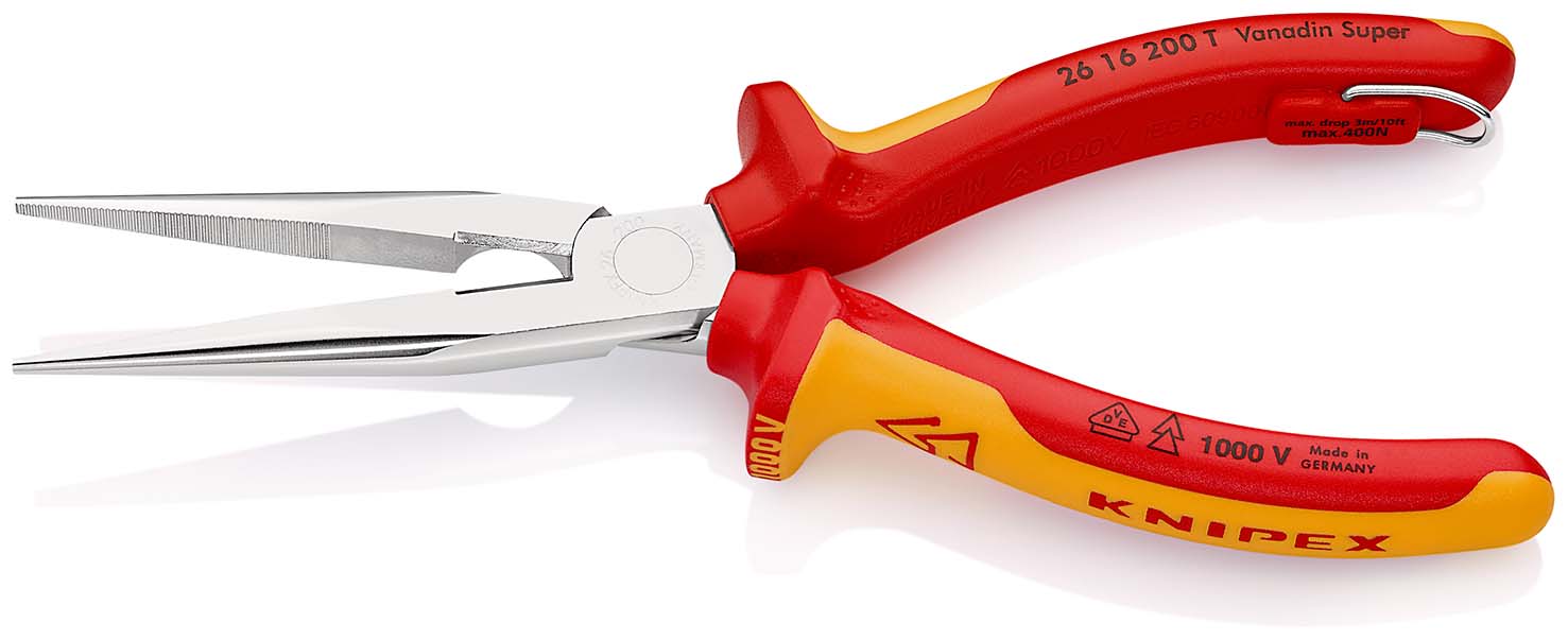 KNIPEX 26 16 200 T Flachrundzange mit Schneide (Storchschnabelzange) 200 mm verchromt isoliert mit Mehrkomponenten-Hüllen, VDE-geprüft; mit integrierter isolierter Befestigungsöse zum Anbringen einer Absturzsicherung Produktbild img2 L