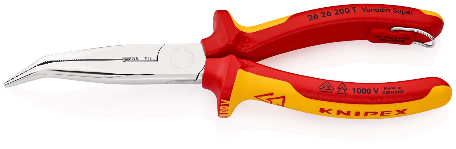 KNIPEX 26 26 200 T Flachrundzange mit Schneide (Storchschnabelzange) 200 mm verchromt isoliert mit Mehrkomponenten-Hüllen, VDE-geprüft; mit integrierter isolierter Befestigungsöse zum Anbringen einer Absturzsicherung Produktbild img1 L