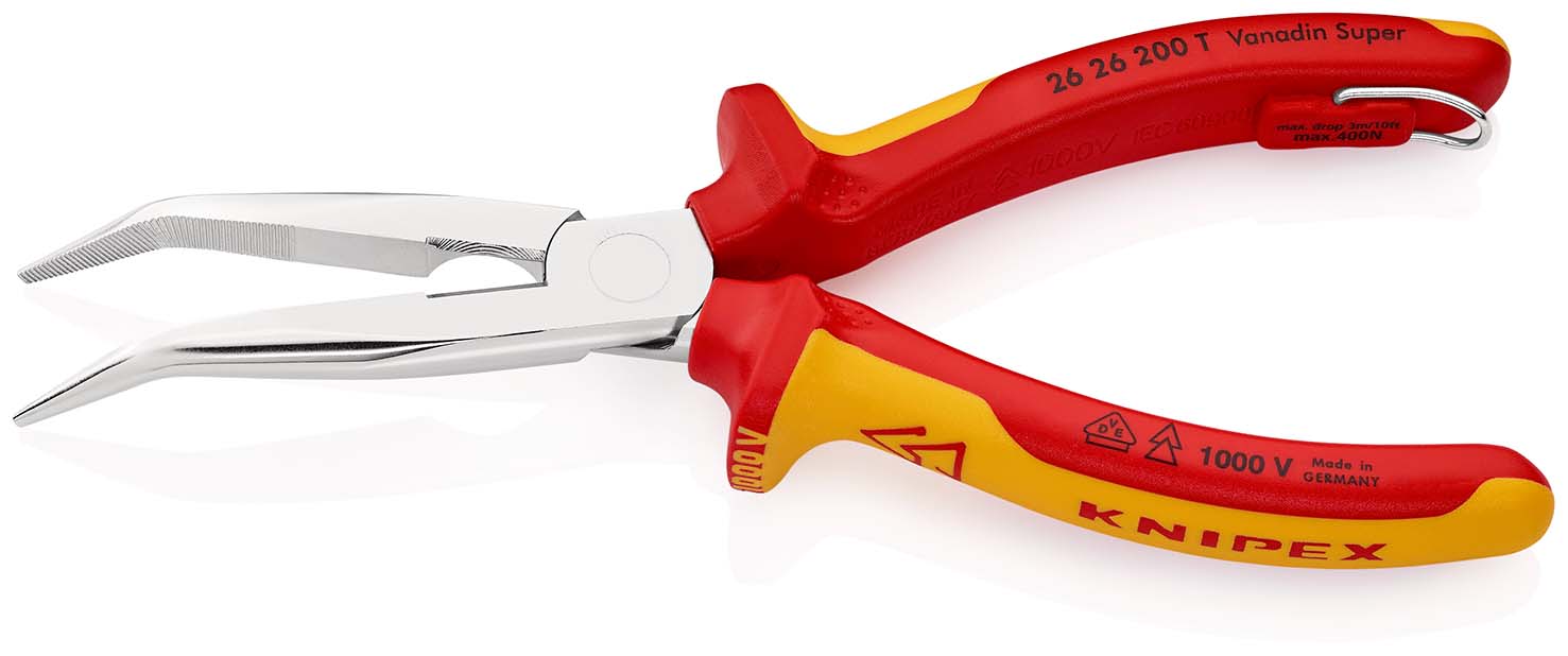 KNIPEX 26 26 200 T Flachrundzange mit Schneide (Storchschnabelzange) 200 mm verchromt isoliert mit Mehrkomponenten-Hüllen, VDE-geprüft; mit integrierter isolierter Befestigungsöse zum Anbringen einer Absturzsicherung Produktbild img2 L