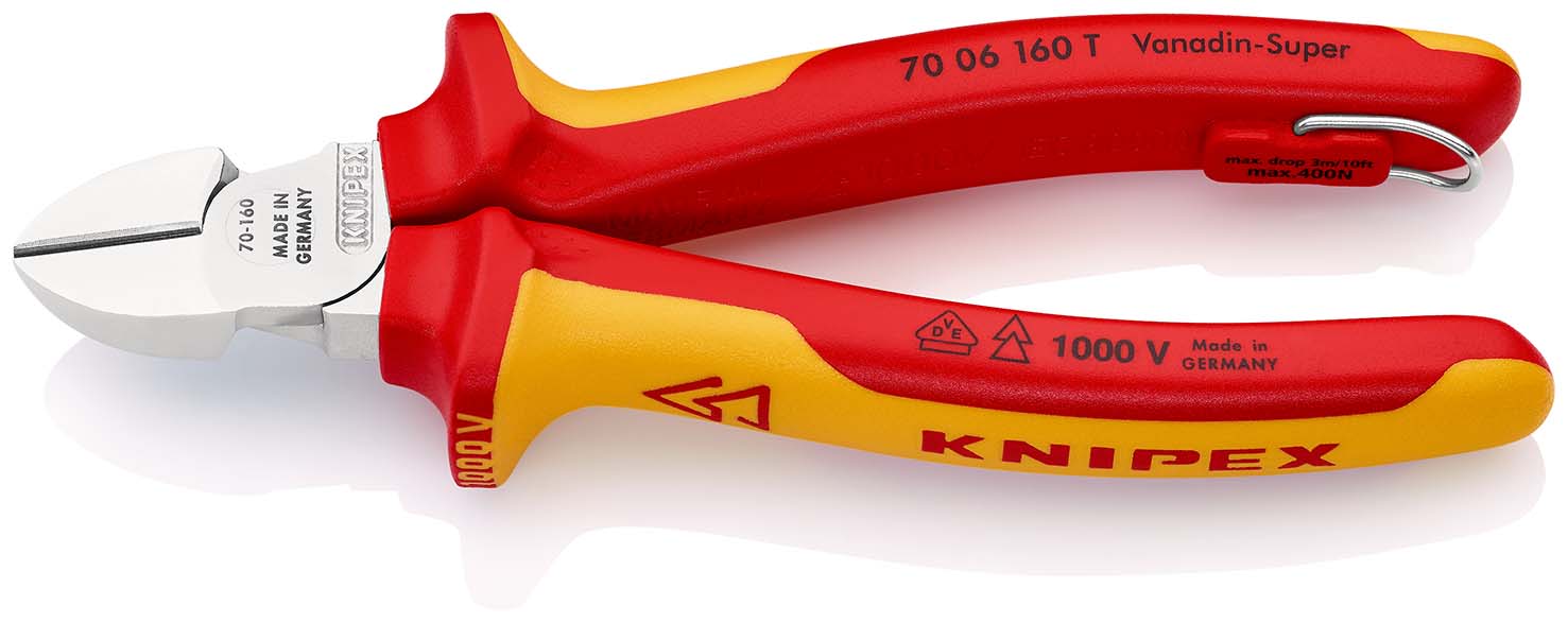 KNIPEX 70 06 160 T Seitenschneider 160 mm verchromt isoliert mit Mehrkomponenten-Hüllen, VDE-geprüft; mit integrierter isolierter Befestigungsöse zum Anbringen einer Absturzsicherung Produktbild img1 L