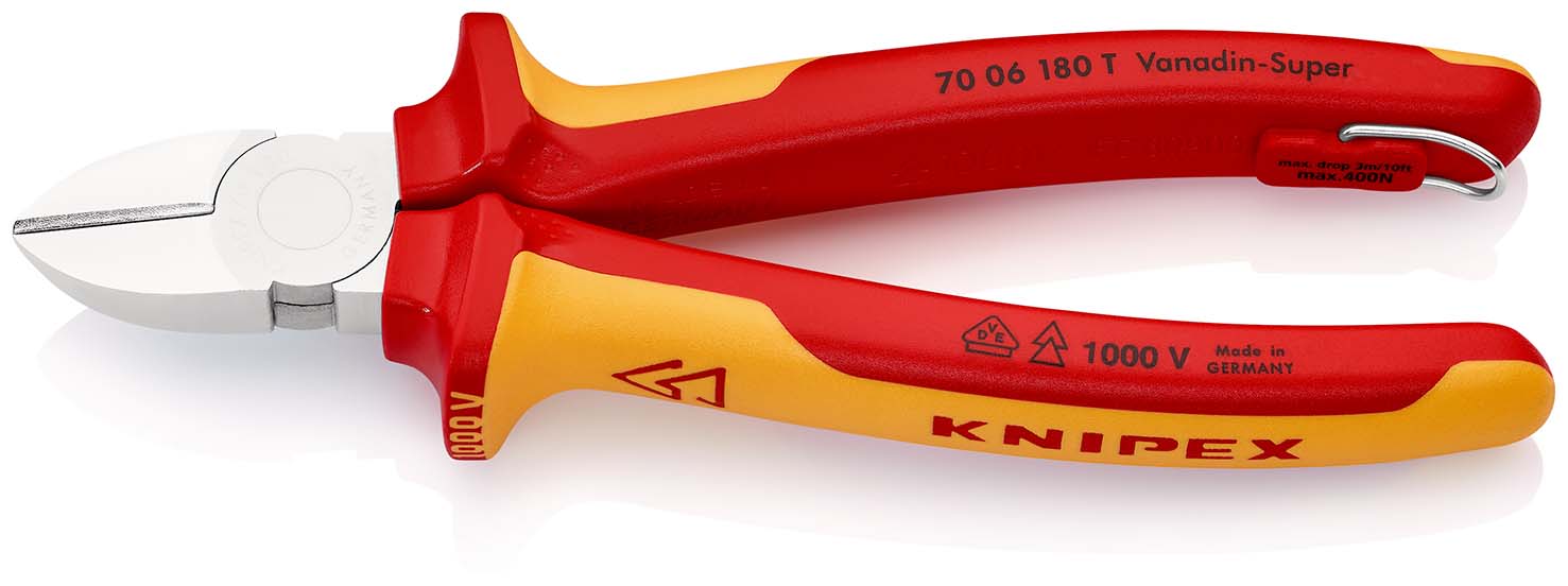 KNIPEX 70 06 180 T Seitenschneider 180 mm verchromt isoliert mit Mehrkomponenten-Hüllen, VDE-geprüft; mit integrierter isolierter Befestigungsöse zum Anbringen einer Absturzsicherung Produktbild img1 L