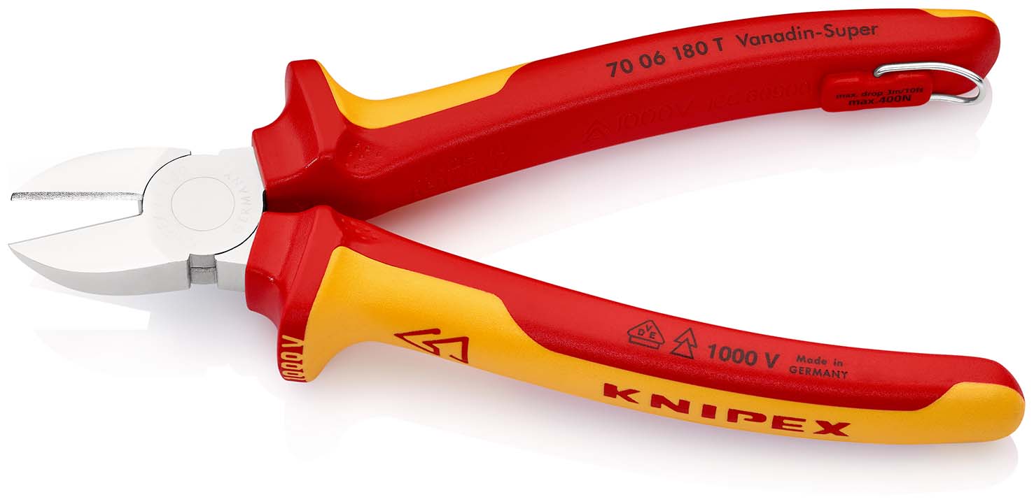 KNIPEX 70 06 180 T Seitenschneider 180 mm verchromt isoliert mit Mehrkomponenten-Hüllen, VDE-geprüft; mit integrierter isolierter Befestigungsöse zum Anbringen einer Absturzsicherung Produktbild img2 L
