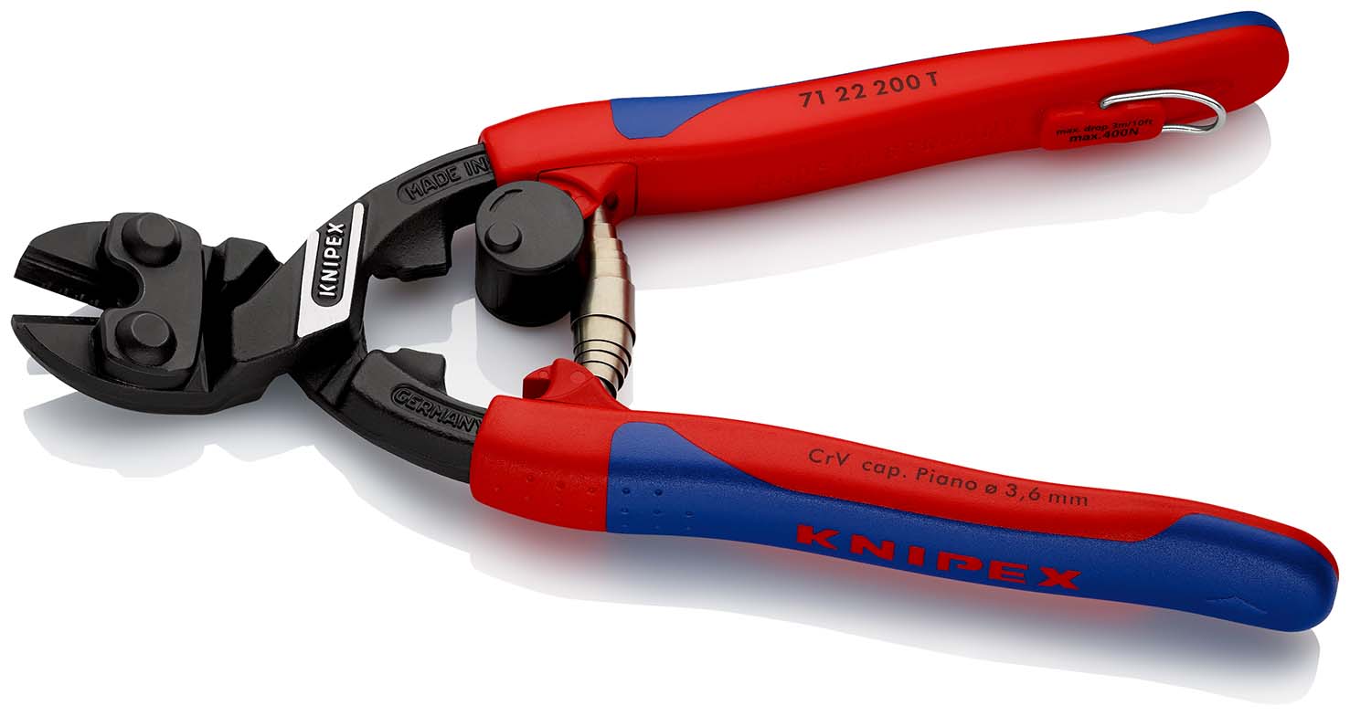 KNIPEX 71 22 200 T CoBolt® Kompakt-Bolzenschneider 200 mm schwarz atramentiert mit schlanken Mehrkomponenten-Hüllen, mit integrierter Befestigungsöse zum Anbringen einer Absturzsicherung Produktbild img2 L