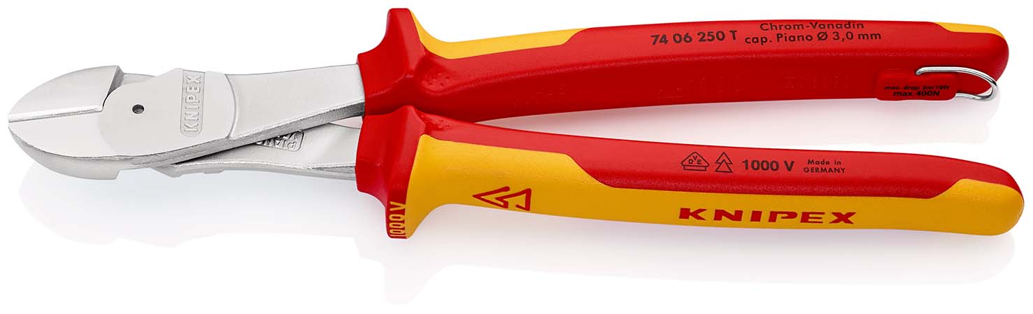 KNIPEX 74 06 250 T Kraft-Seitenschneider 250 mm verchromt isoliert mit Mehrkomponenten-Hüllen, VDE-geprüft; mit integrierter isolierter Befestigungsöse zum Anbringen einer Absturzsicherung Produktbild img1 L
