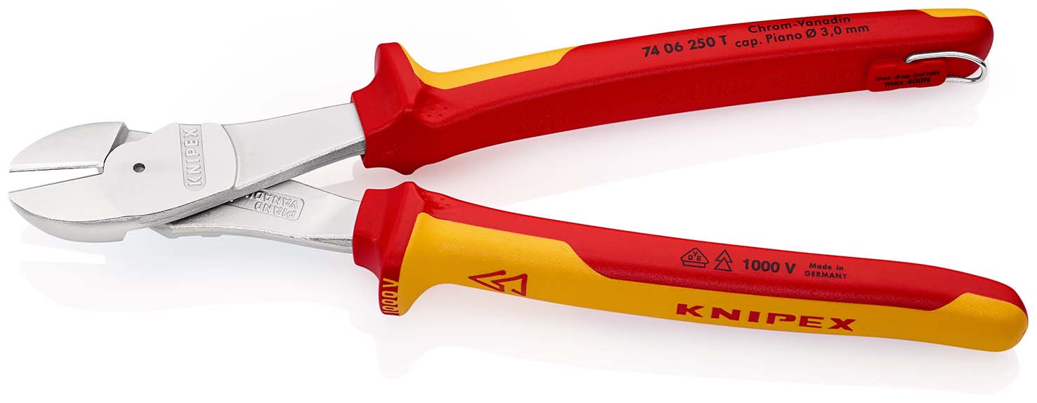 KNIPEX 74 06 250 T Kraft-Seitenschneider 250 mm verchromt isoliert mit Mehrkomponenten-Hüllen, VDE-geprüft; mit integrierter isolierter Befestigungsöse zum Anbringen einer Absturzsicherung Produktbild img2 L