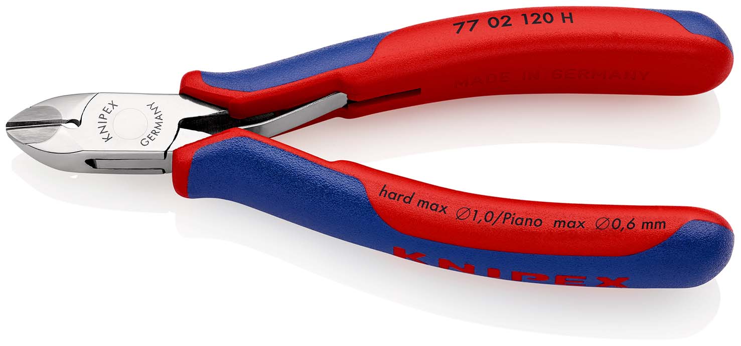 KNIPEX 77 02 120 H Elektronik-Seitenschneider mit eingesetzter Hartmetallschneide 120 mm mit Mehrkomponenten-Hüllen spiegelpoliert Produktbild img1 L