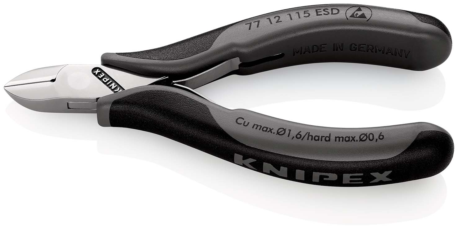 KNIPEX 77 12 115 ESD Elektronik-Seitenschneider ESD mit durchgestecktem Gelenk 115 mm mit Mehrkomponenten-Hüllen spiegelpoliert Produktbild img1 L