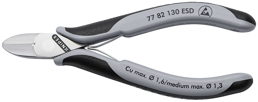 KNIPEX 77 82 130 ESD Elektronik-Seitenschneider ESD mit durchgestecktem Gelenk 130 mm mit Mehrkomponenten-Hüllen spiegelpoliert Produktbild img1 L