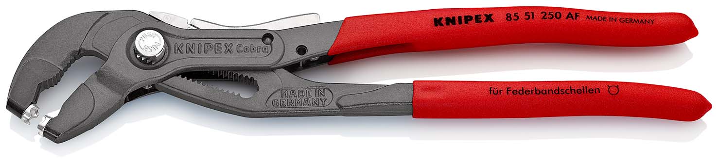 KNIPEX 85 51 250 AF Federbandschellenzange mit Feststeller 250 mm grau atramentiert mit rutschhemmendem Kunststoff überzogen Produktbild img1 L