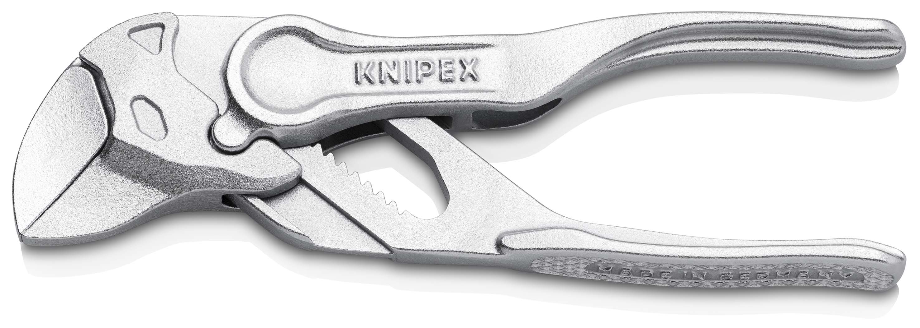 KNIPEX 86 04 100 BK Zangenschlüssel XS Zange und Schraubenschlüssel in einem Werkzeug 100 mm verchromt aufgeprägte, raue Oberfläche Produktbild img1 L