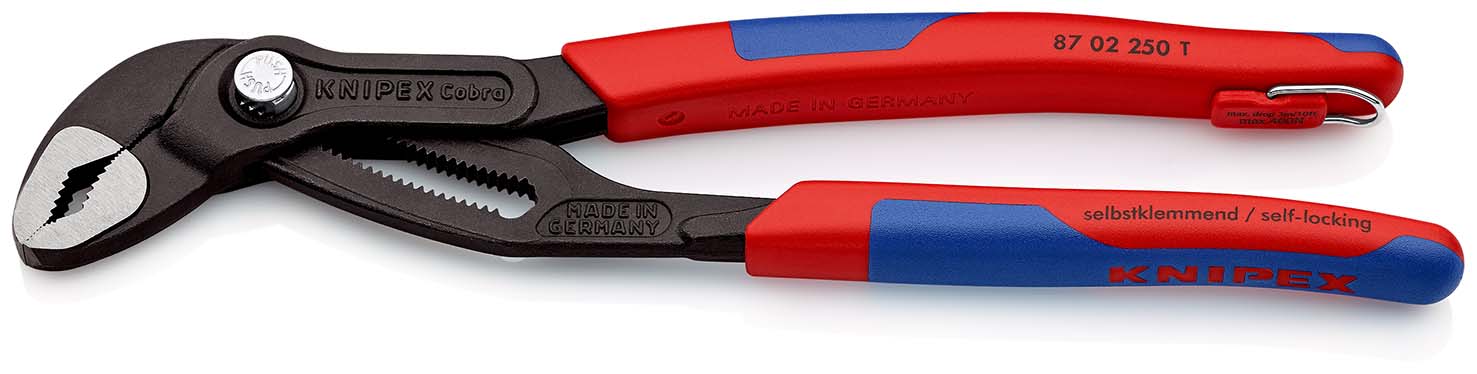 KNIPEX 87 02 250 T Cobra® Hightech-Wasserpumpenzange 250 mm grau atramentiert mit Mehrkomponenten-Hüllen, mit integrierter Befestigungsöse zum Anbringen einer Absturzsicherung poliert Produktbild img1 L
