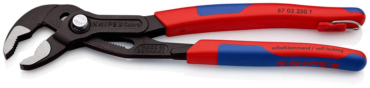 KNIPEX 87 02 250 T Cobra® Hightech-Wasserpumpenzange 250 mm grau atramentiert mit Mehrkomponenten-Hüllen, mit integrierter Befestigungsöse zum Anbringen einer Absturzsicherung poliert Produktbild img2 L
